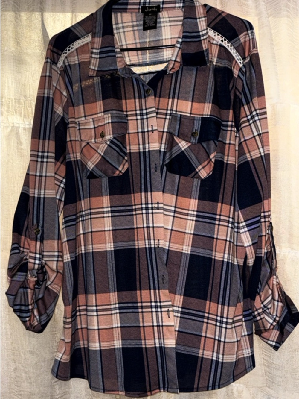 Judy Blue Pink and navy blue Plaid Roll-Tab Shirt